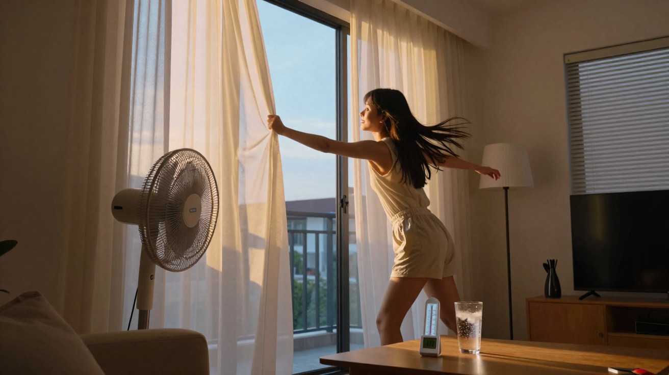 Mulher abrindo a cortina de vidro na sala iluminada pelo sol com ventilador ligado e copo d'água na mesa.
