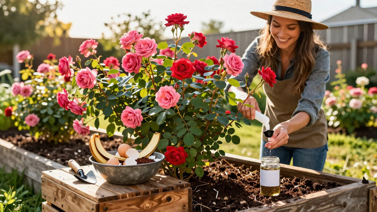 Mulher sorridente regando rosas vermelhas e rosas em canteiro elevado em um jardim ensolarado.