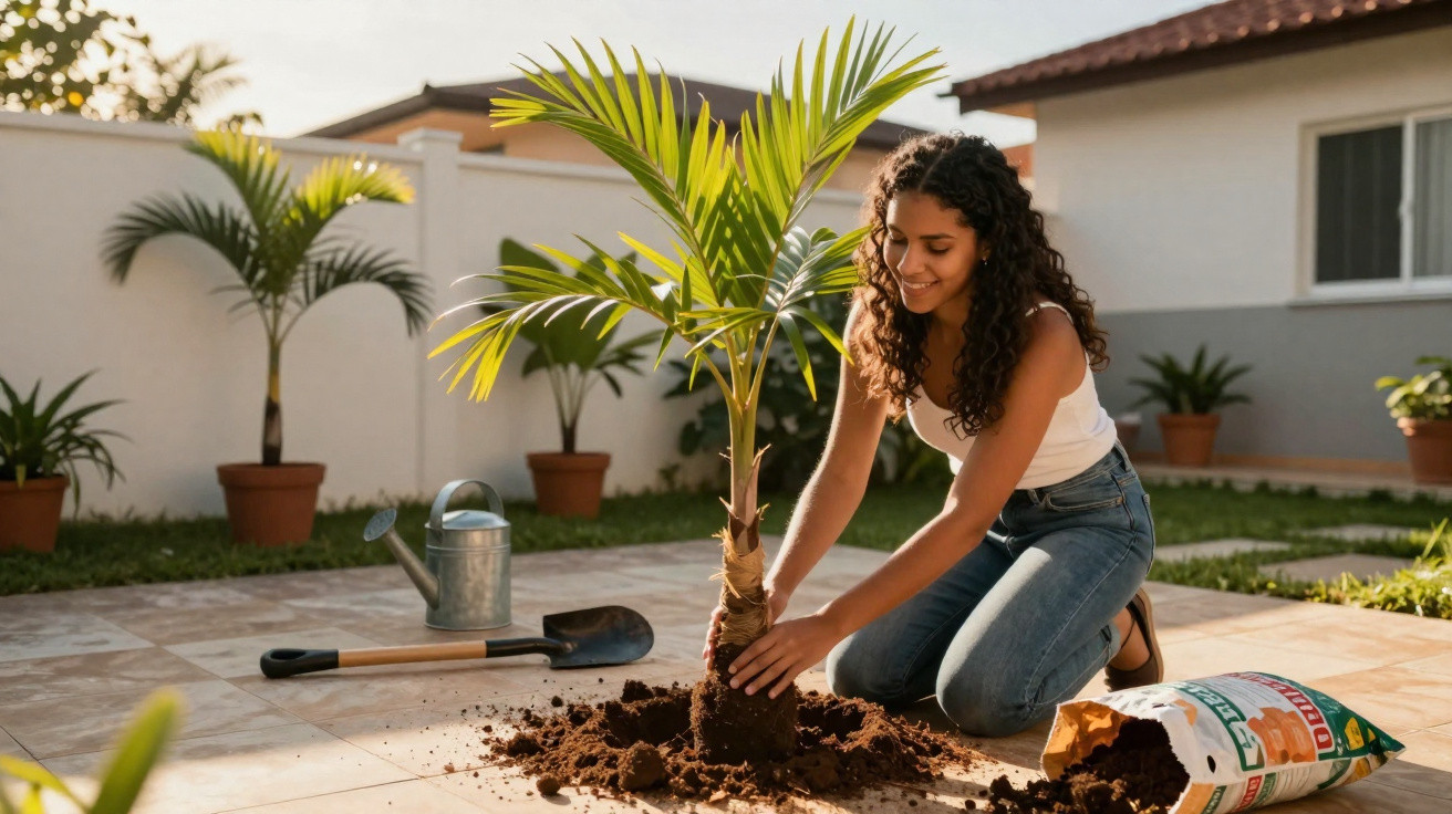 Mulher sorridente plantando palmeira no jardim de casa em dia ensolarado.