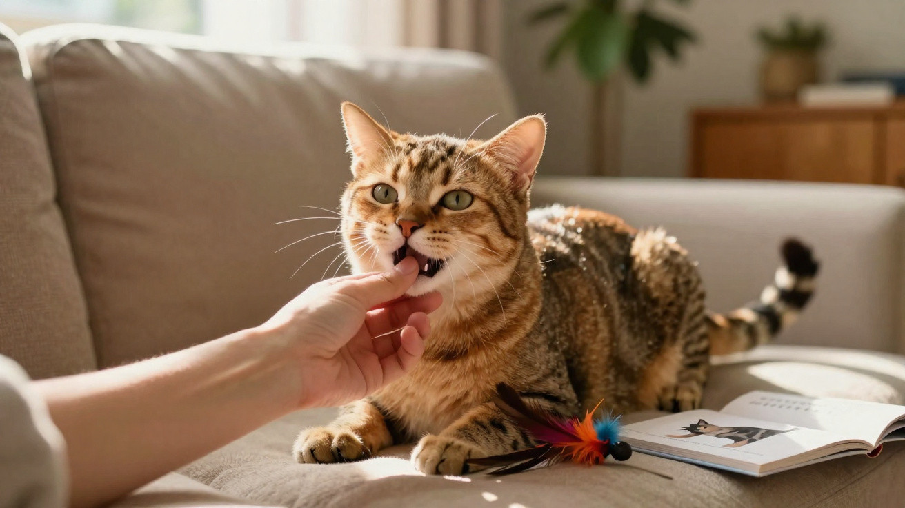Gato rajado recebendo petisco da mão humana, deitado em sofá com brinquedo e livro ao lado.