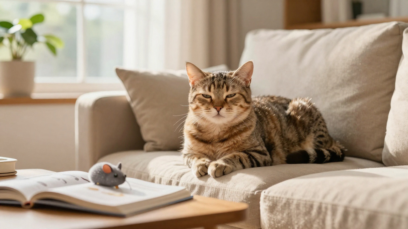 Gato listrado deitado em sofá bege em sala iluminada, com livro aberto e brinquedo de rato na mesa.