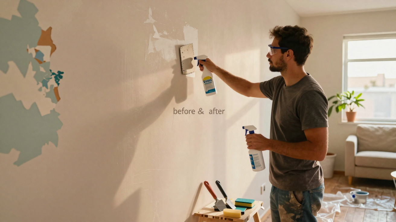 Homem limpando parede com borrifador e esponja antes de pintar em sala iluminada.