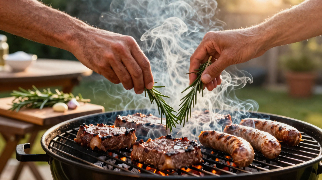 Churrasqueira ao ar livre com carnes grelhando e mãos segurando ramos de alecrim sobre o fogo.