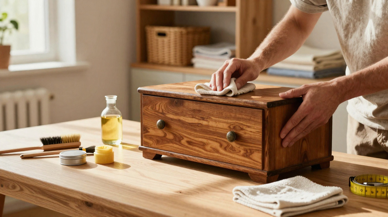 Pessoa envernizando uma caixa de madeira sobre mesa com produtos de limpeza e medição.