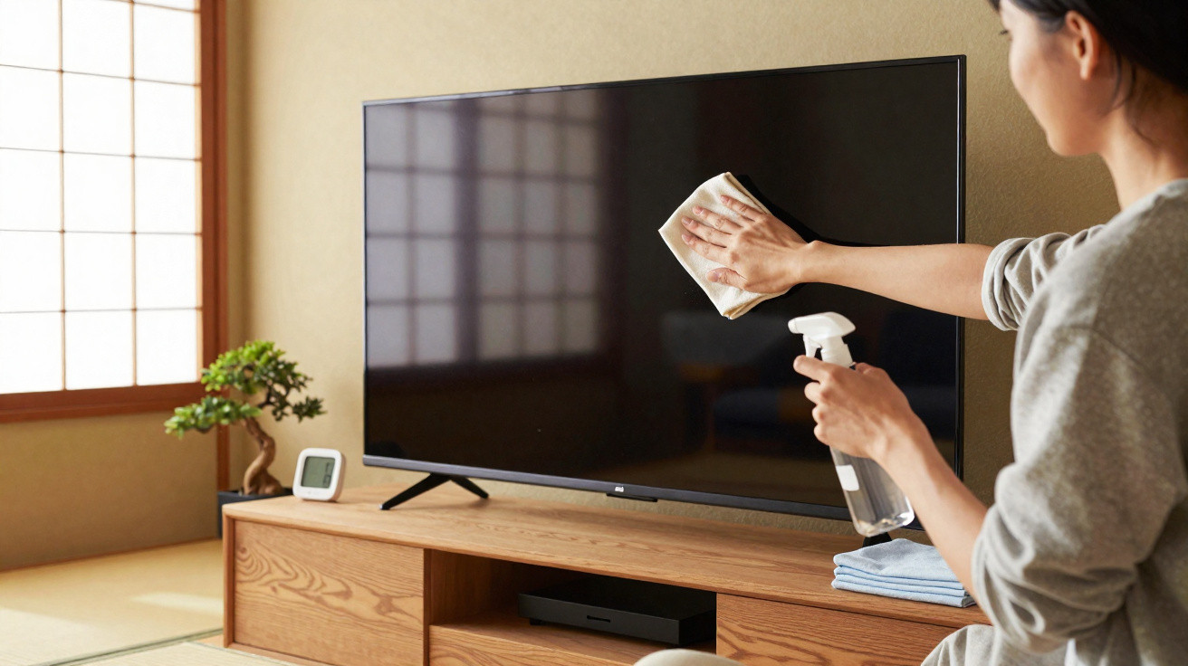 Pessoa limpando a tela de uma televisão com pano e borrifador em ambiente com decoração minimalista.
