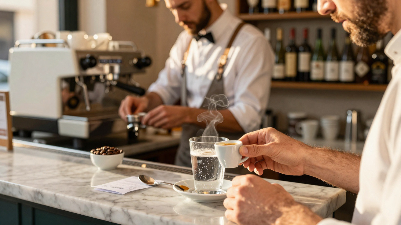 Homem segurando xícara de café expresso fumegante em balcão de cafeteria com barista ao fundo preparando bebida.