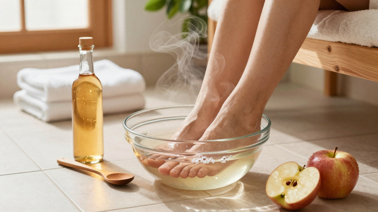 Pés femininos em uma bacia com água quente, ao lado de maçãs, óleo e toalhas brancas.