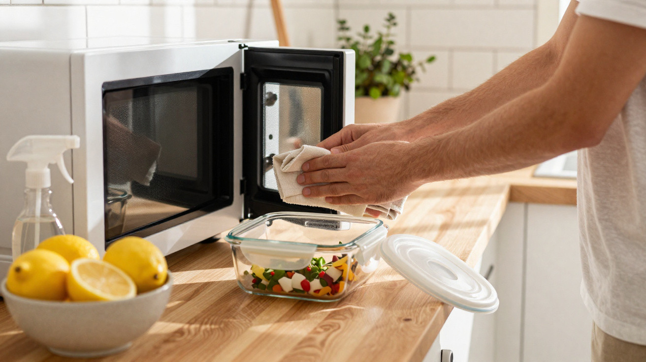 Pessoa limpando o interior do micro-ondas com pano, frutas e salada na bancada da cozinha.