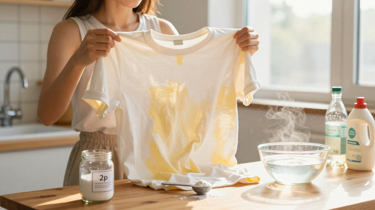 Mulher segurando camiseta branca com manchas amarelas em cozinha, produtos para limpeza e tigela com água quente na bancada.