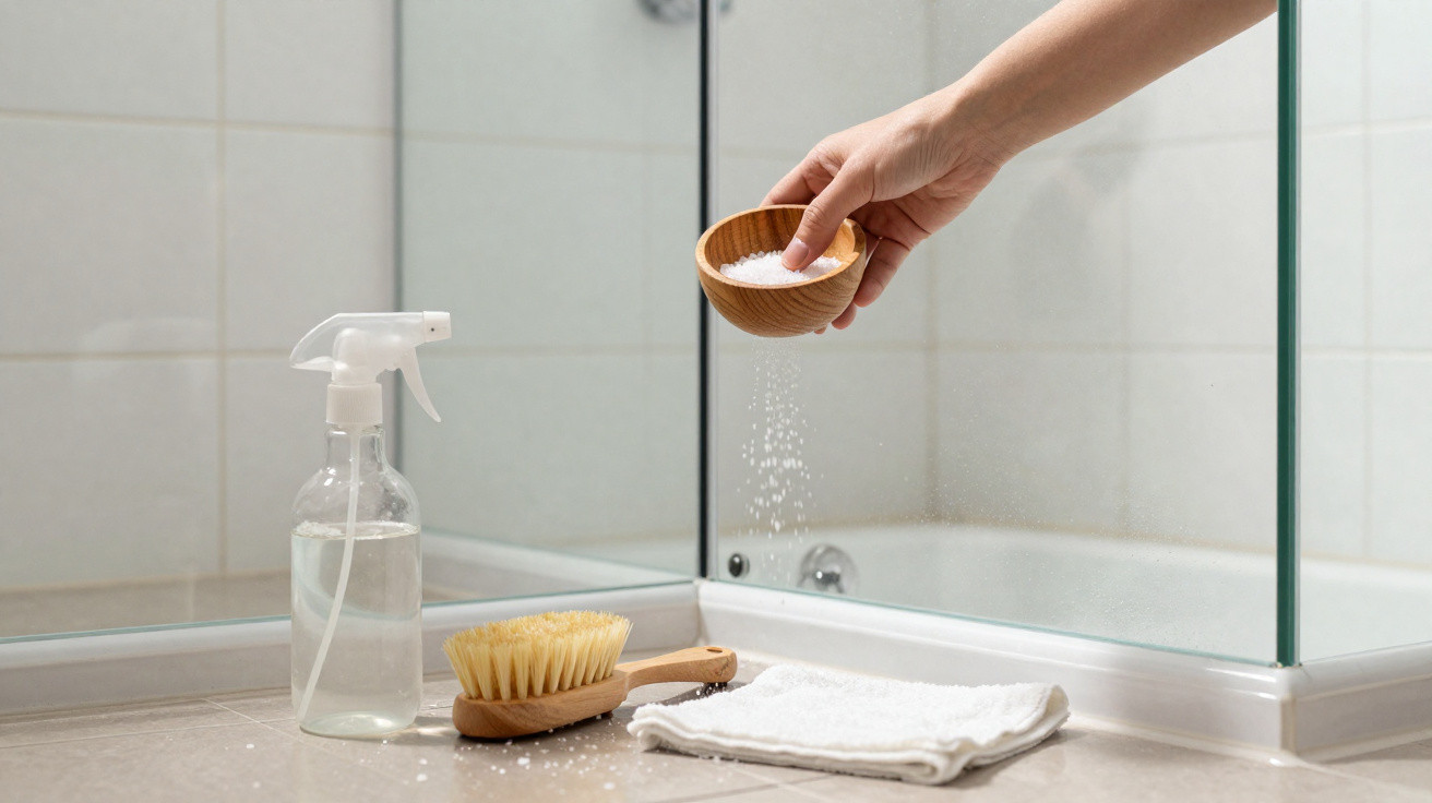 Mão derramando sais em uma banheira, com escova, pano branco e borrifador ao lado no chão do banheiro.