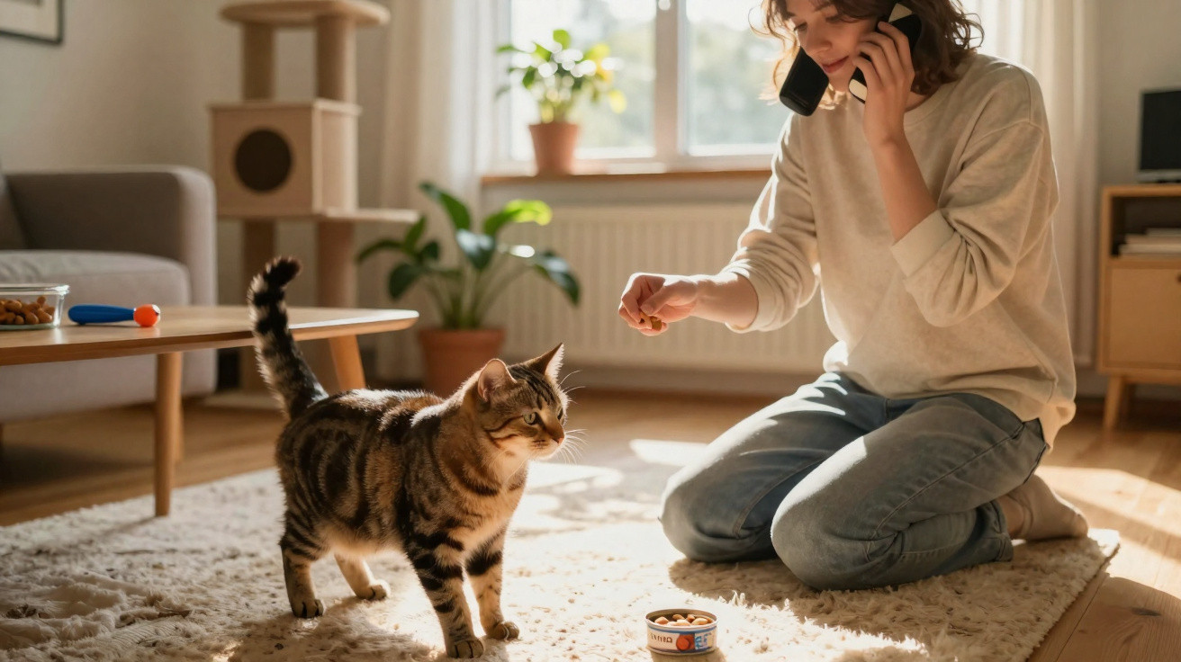 Mulher ajoelhada alimenta gato enquanto fala ao telefone em sala iluminada pelo sol.