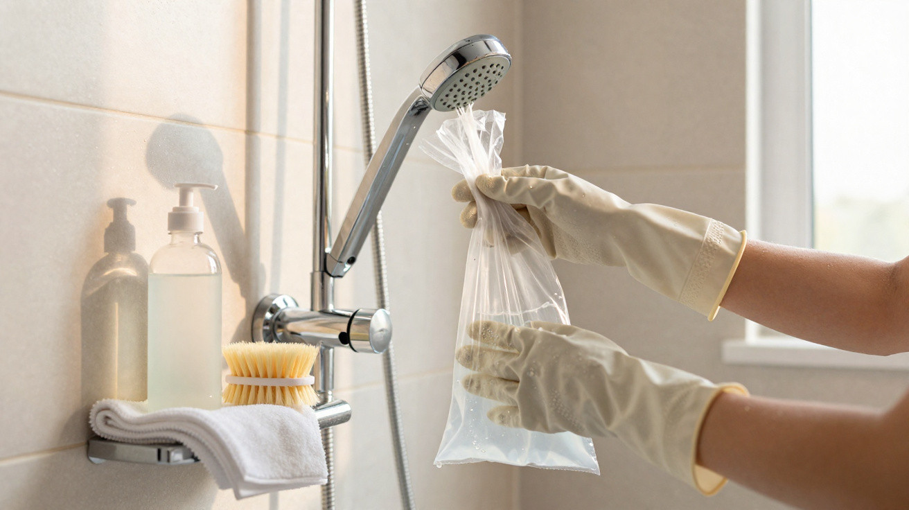 Mãos com luvas seguram saquinho plástico transparente com água próximo ao chuveiro em banheiro claro.