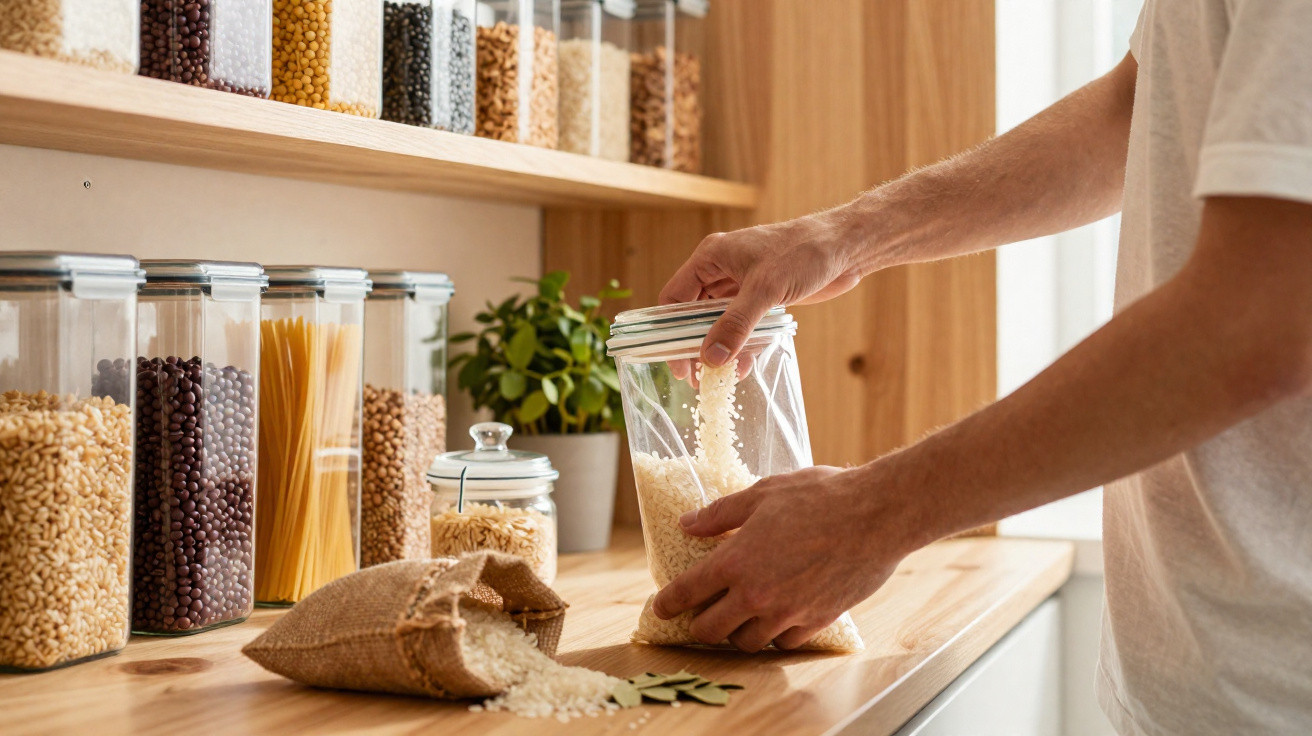 Pessoa armazenando arroz em pote transparente em cozinha com vários grãos em potes no fundo.