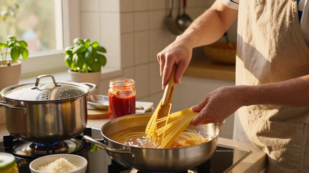 Pessoa cozinhando macarrão em frigideira na cozinha com panela ao lado, potes de ervas e molho.