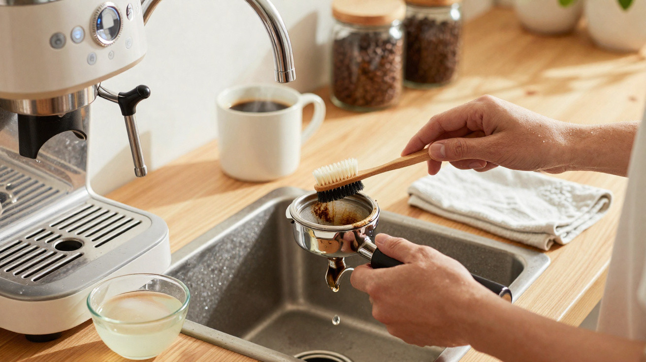 Pessoa limpando porta-filtro de cafeteira espresso com escova de dentes na pia da cozinha.