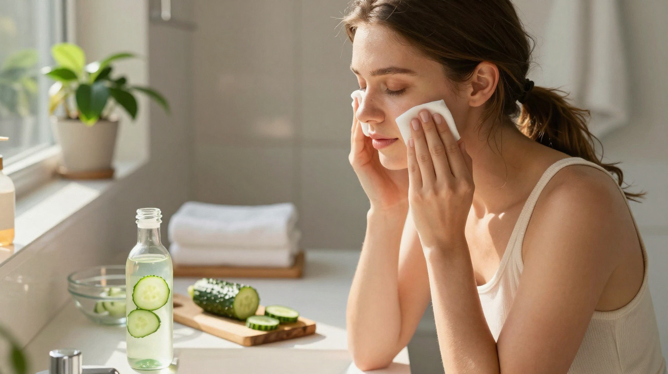 Mulher aplicando tônico facial com algodão no rosto em banheiro iluminado com pepino e toalhas ao fundo.