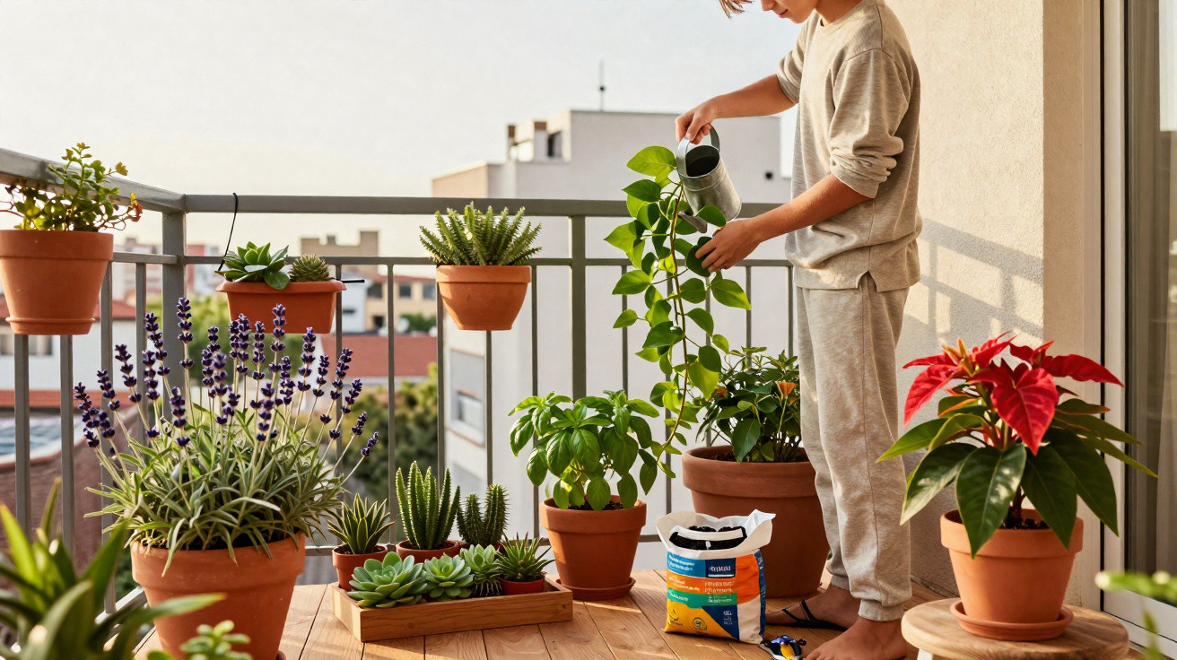 Pessoa regando plantas em vasos variados em uma varanda ensolarada ao amanhecer.