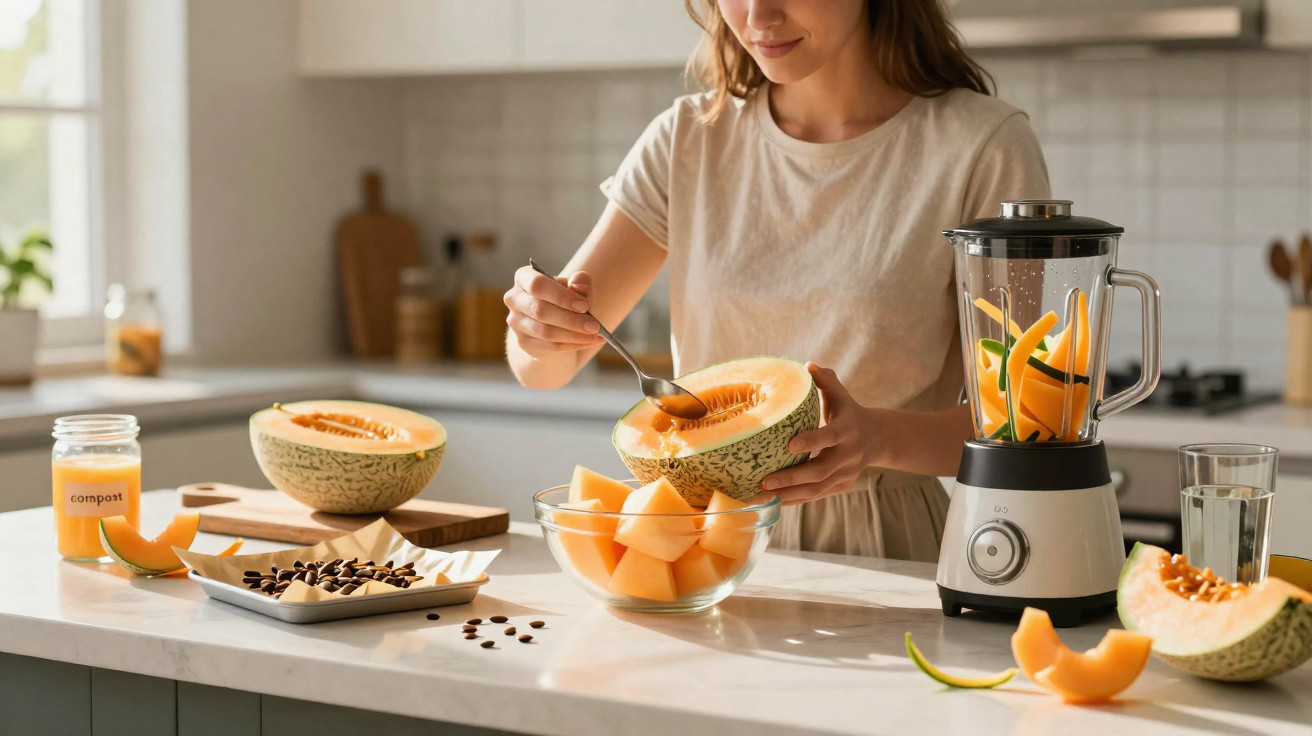 Mulher preparando suco de melão na cozinha, com liquidificador e sementes na bancada.