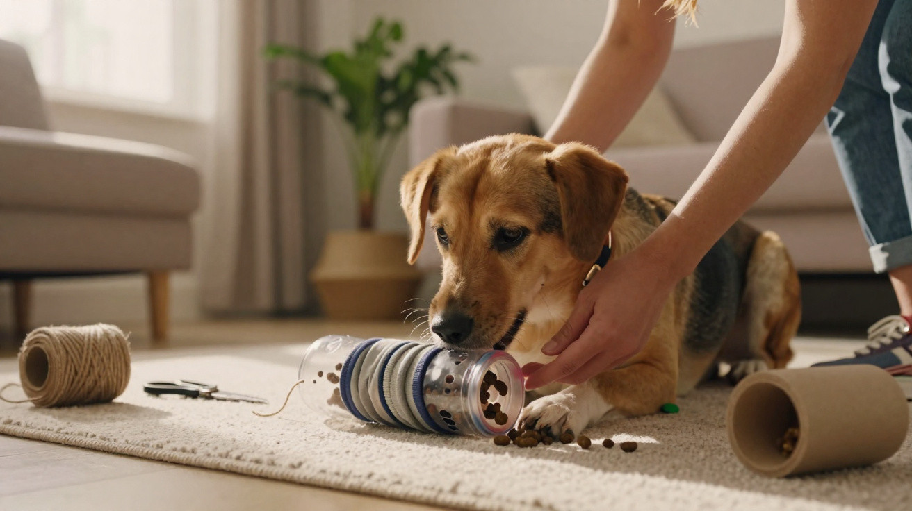 Cachorro pegando petiscos de um brinquedo interativo, com mãos humanas ajudando em ambiente interno.