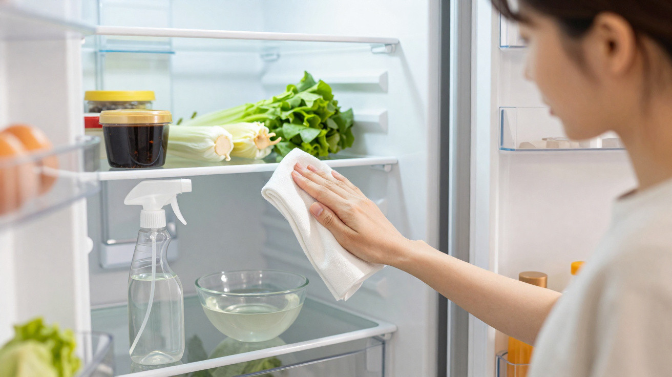 Pessoa limpando o interior da geladeira com pano branco, com alimentos e spray visíveis nas prateleiras.