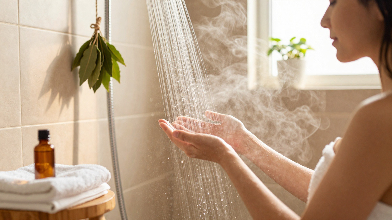 Mulher recebe água quente de chuveiro, vapor visível, ambiente de banheiro com toalha e planta.
