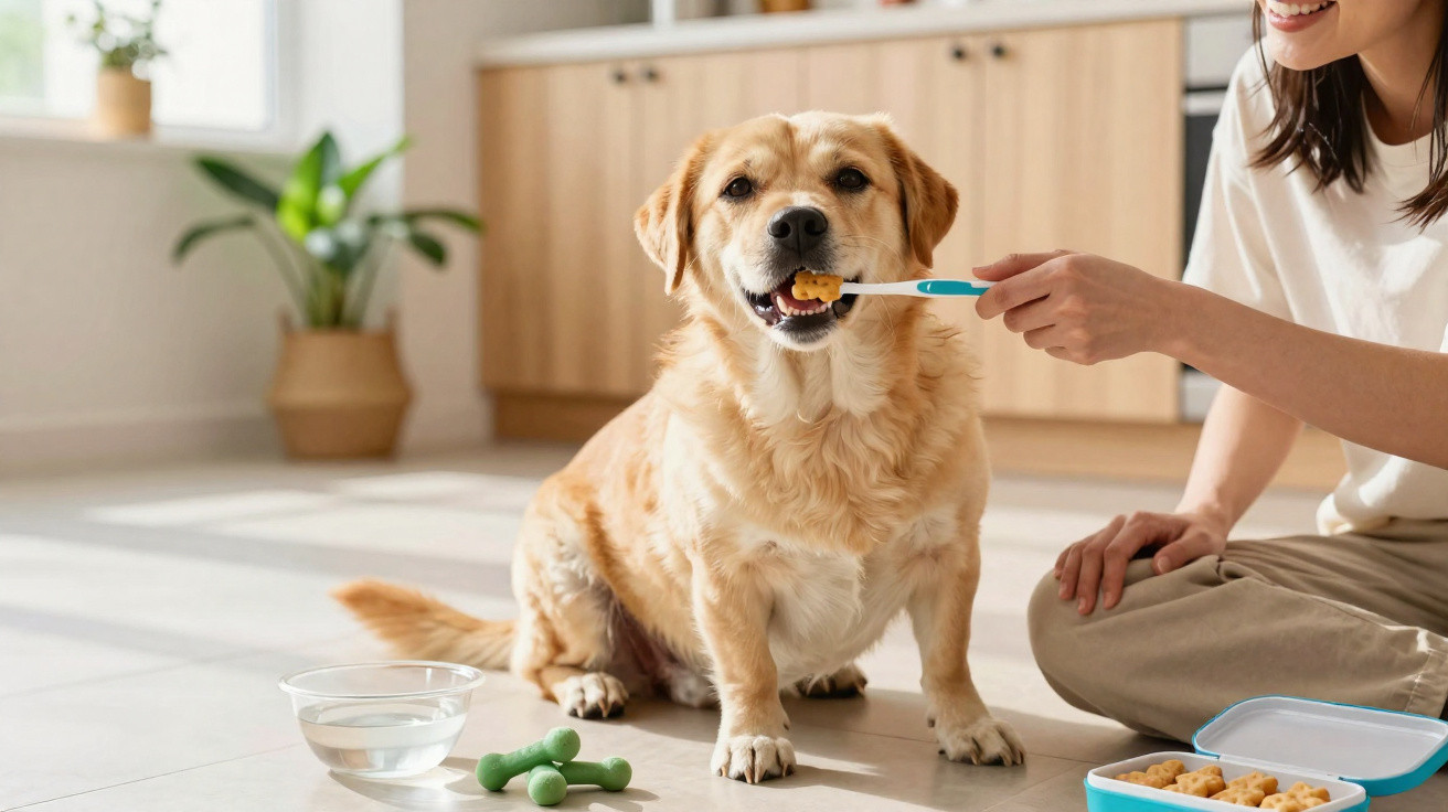 Mulher escova os dentes de cão dourado sentado no chão da cozinha ensolarada.
