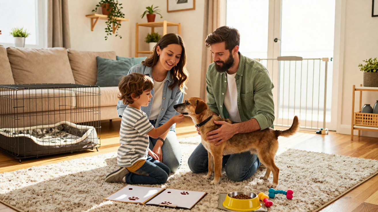 Família com criança brincando e treinando cachorro no tapete da sala de estar iluminada e aconchegante.