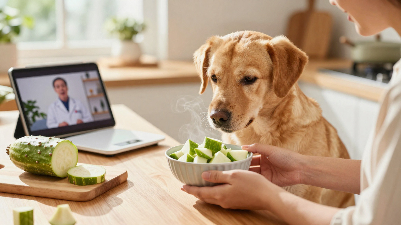 Cachorro observando tigela com pedaços de pepino em frente a pessoa e laptop com consulta online de veterinário.
