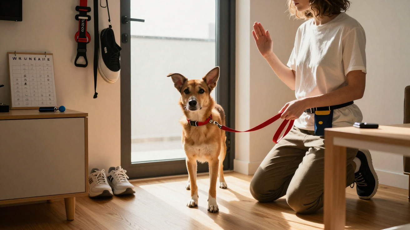 Mulher treinando cachorro marrom dentro de casa, com coleira vermelha e luz natural entrando pela porta.