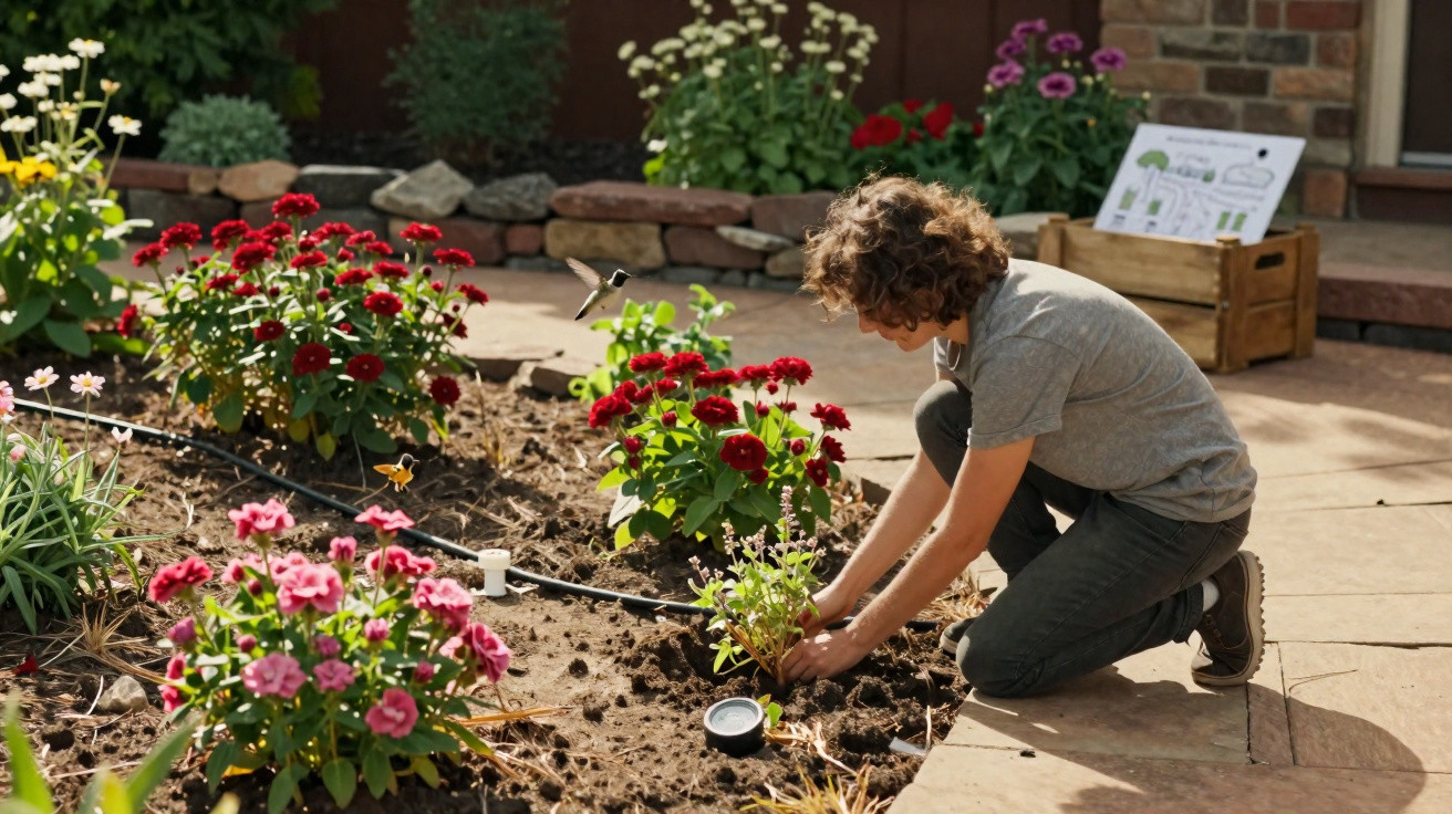 Criança plantando flores em jardim ensolarado com diversas flores coloridas ao redor.