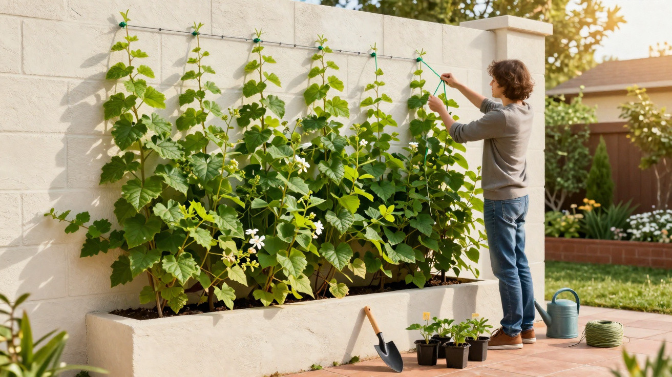 Pessoa cuidando de plantas trepadeiras em jardim com ferramentas e regador ao lado.