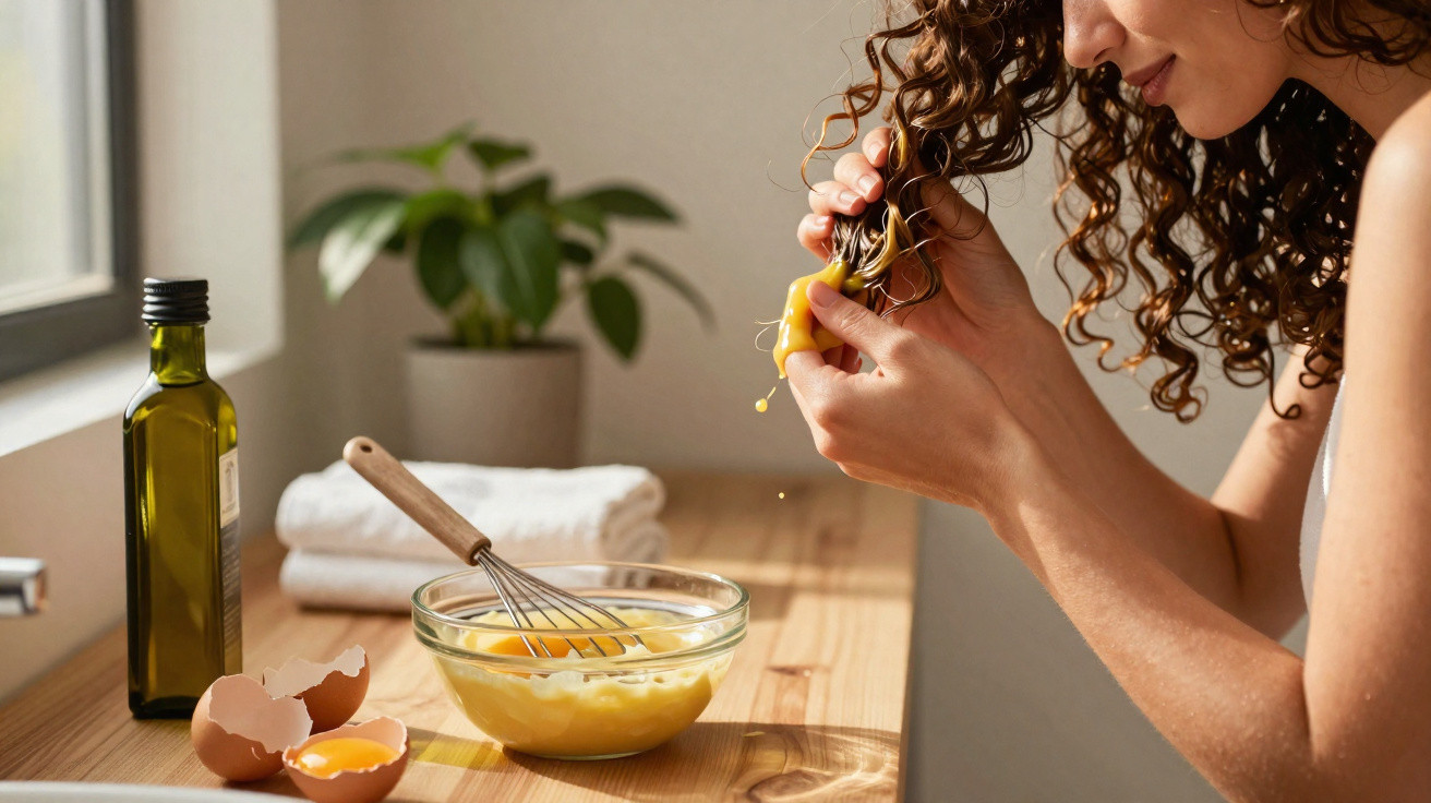 Mulher aplicando máscara caseira de ovo no cabelo em cozinha com ingredientes sobre bancada de madeira.