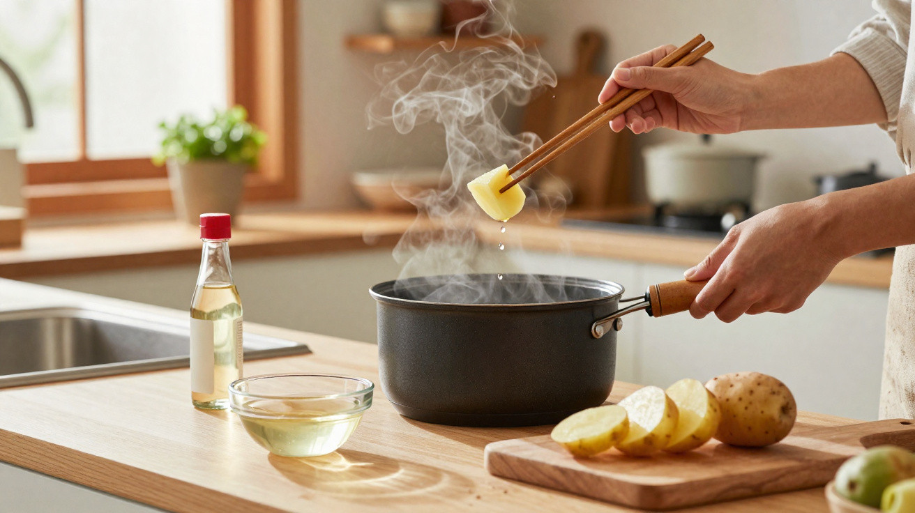 Pessoa adiciona pedaço de manteiga em panela com vapor em cozinha clara e organizada.
