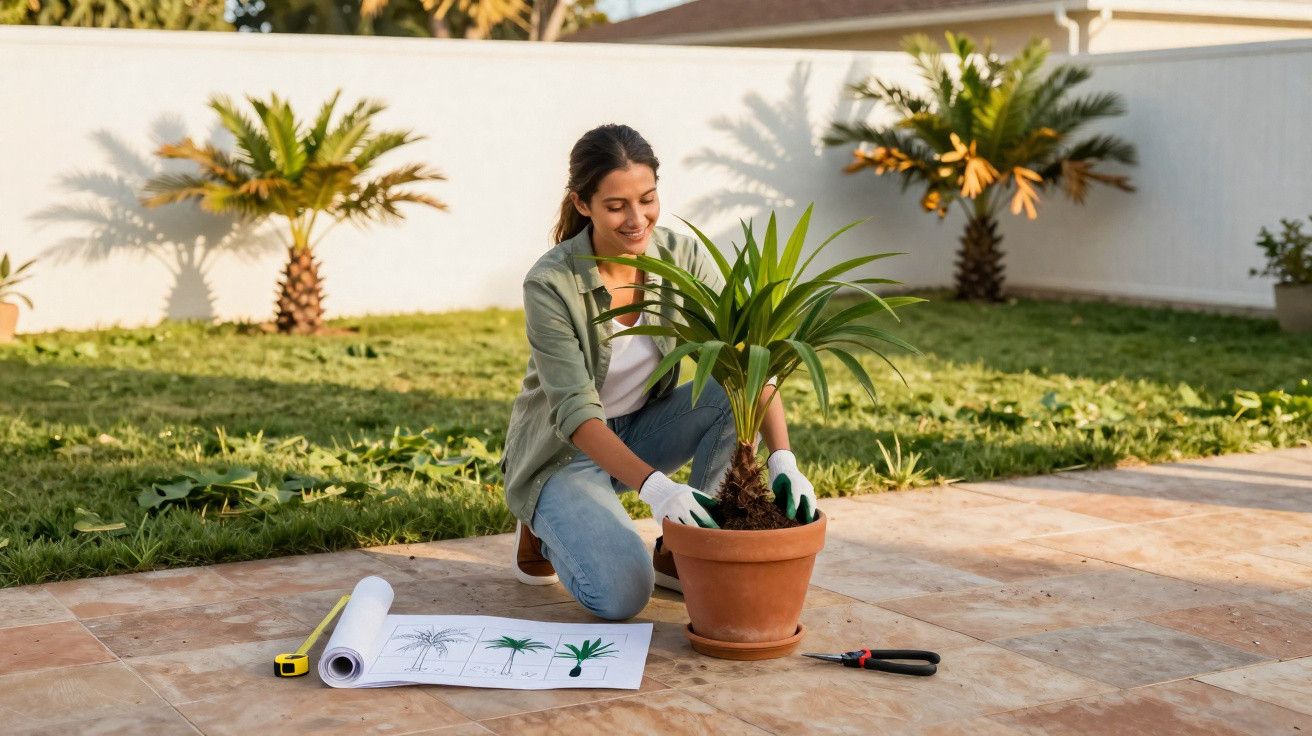 Jovem planta árvore em vaso no jardim, com luvas e ferramentas ao lado em dia ensolarado.