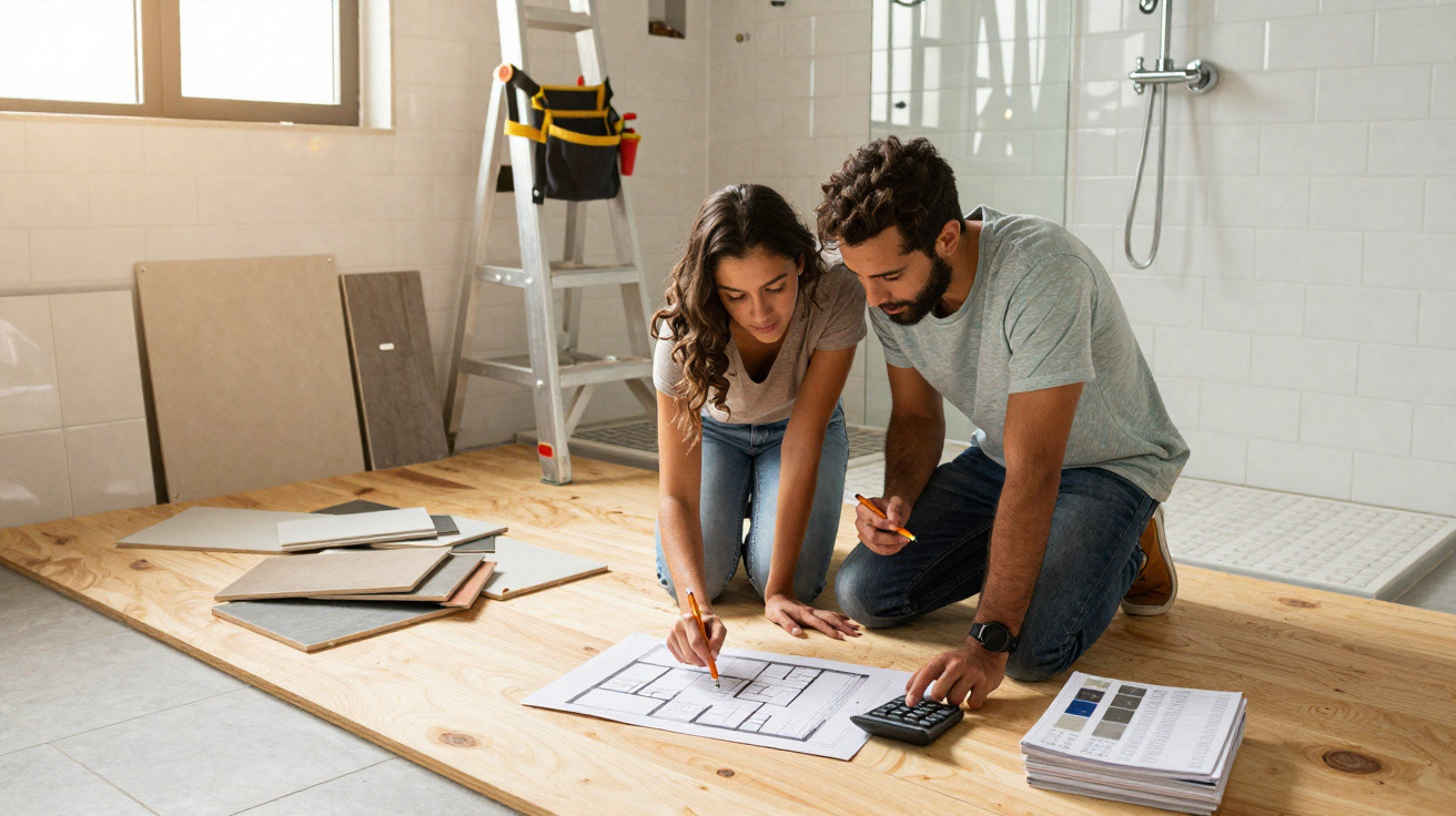 Casal analisa planta baixa de casa em obra, com materiais de construção ao redor e escada ao fundo.