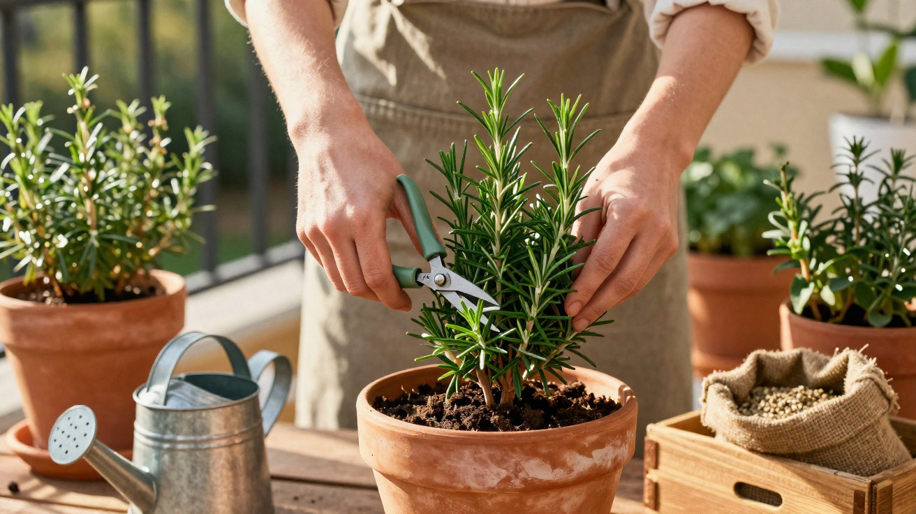 Pessoa podando planta de alecrim em vaso de barro em ambiente com regador e saco de sementes.