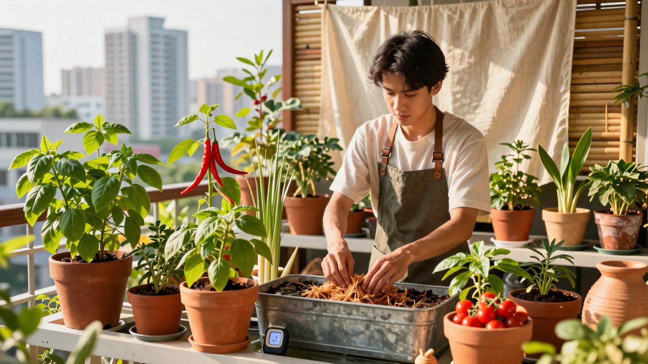 Jovem cuidando de plantas e legumes em vasos em varanda com prédio ao fundo, em ambiente ensolarado.