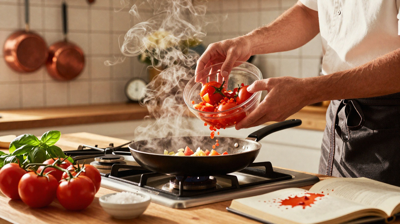 Pessoa adicionando tomates em frigideira com legumes na cozinha, fogão aceso e manjericão ao lado.