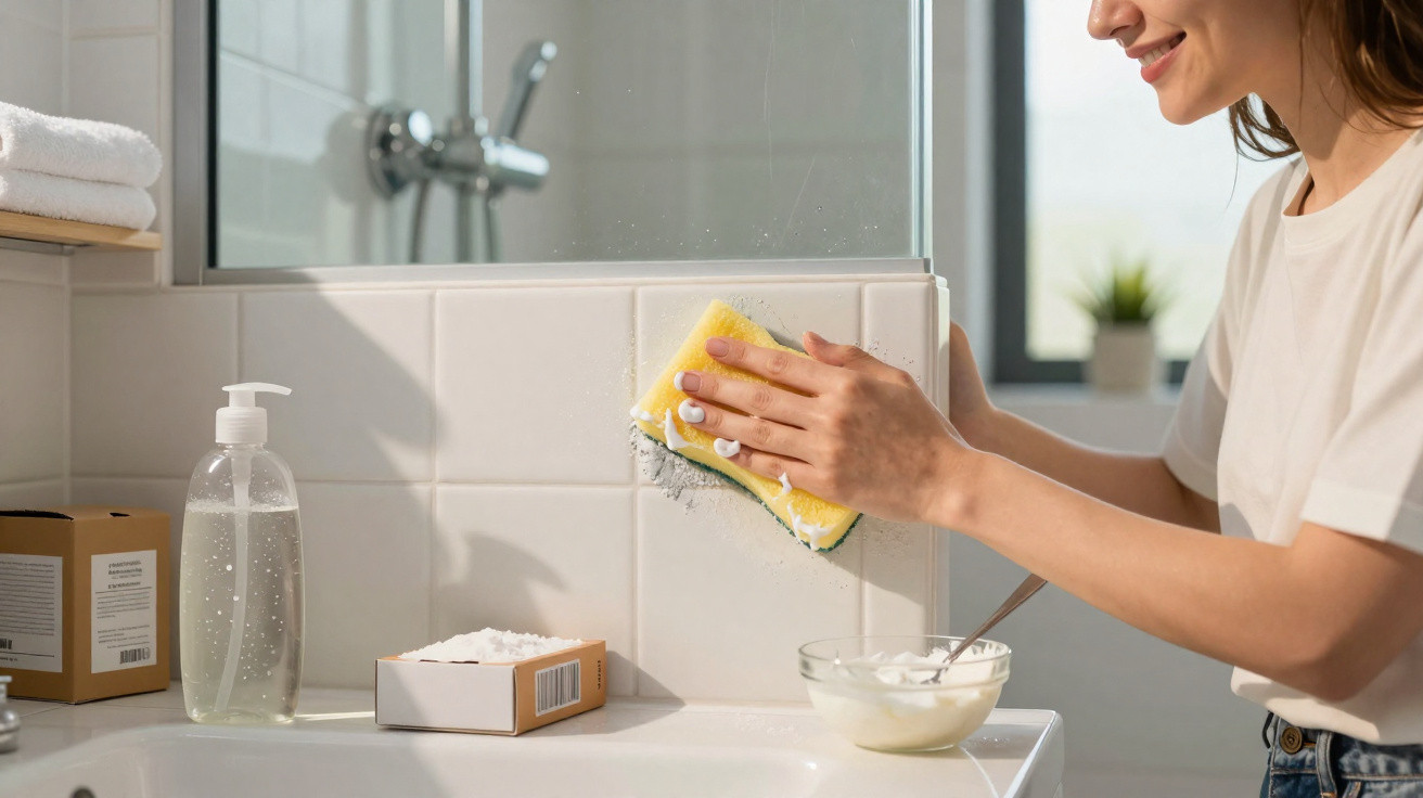Pessoa limpando azulejos do banheiro com esponja amarela e creme de limpeza.