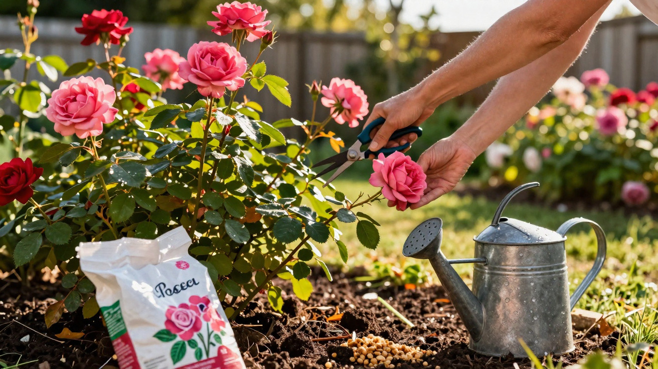 Pessoa podando rosa cor de rosa no jardim com regador e adubo ao redor.