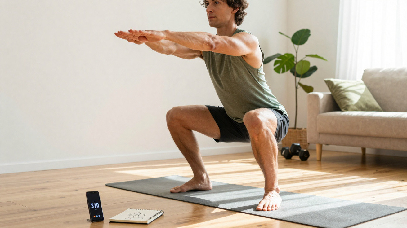 Homem fazendo agachamento em tapete de yoga na sala, com celular e bloco de notas ao lado.