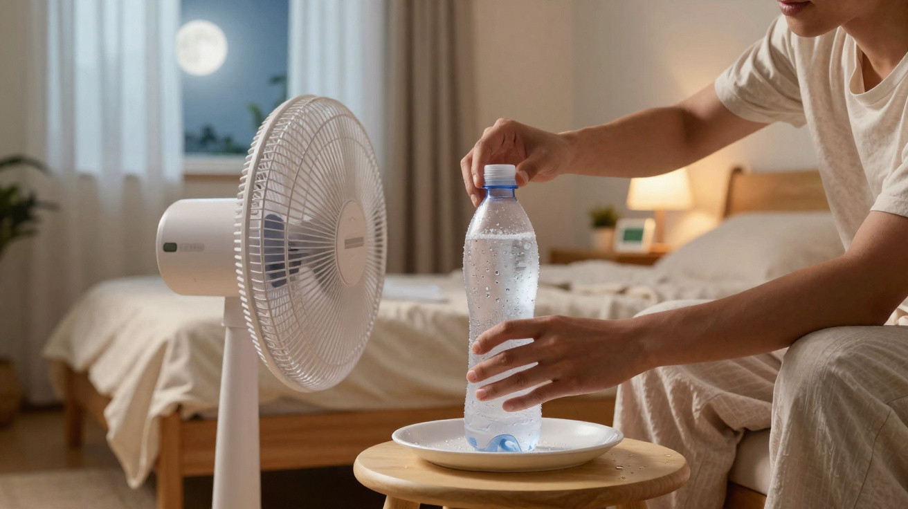Pessoa sentada na cama em quarto à noite, segurando garrafa de água perto de ventilador ligado.