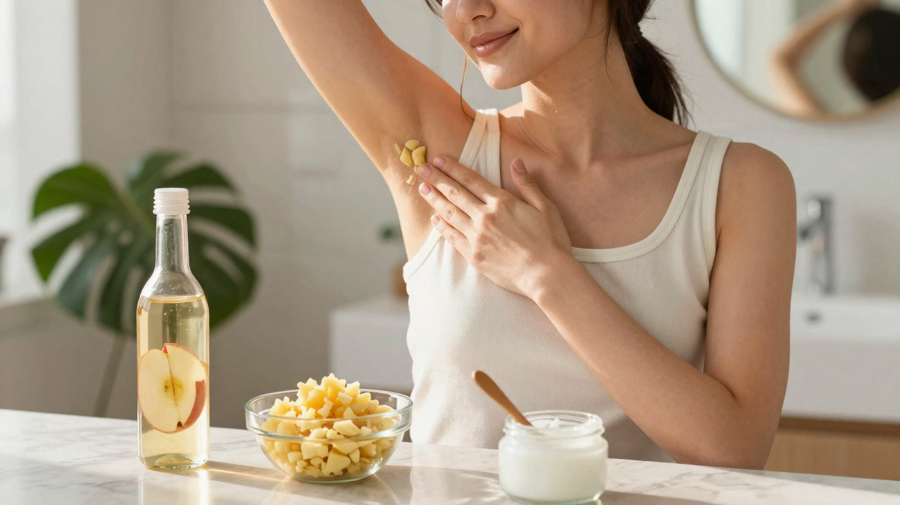 Mulher aplicando máscara caseira de cuidados na axila, com ingredientes naturais na bancada.