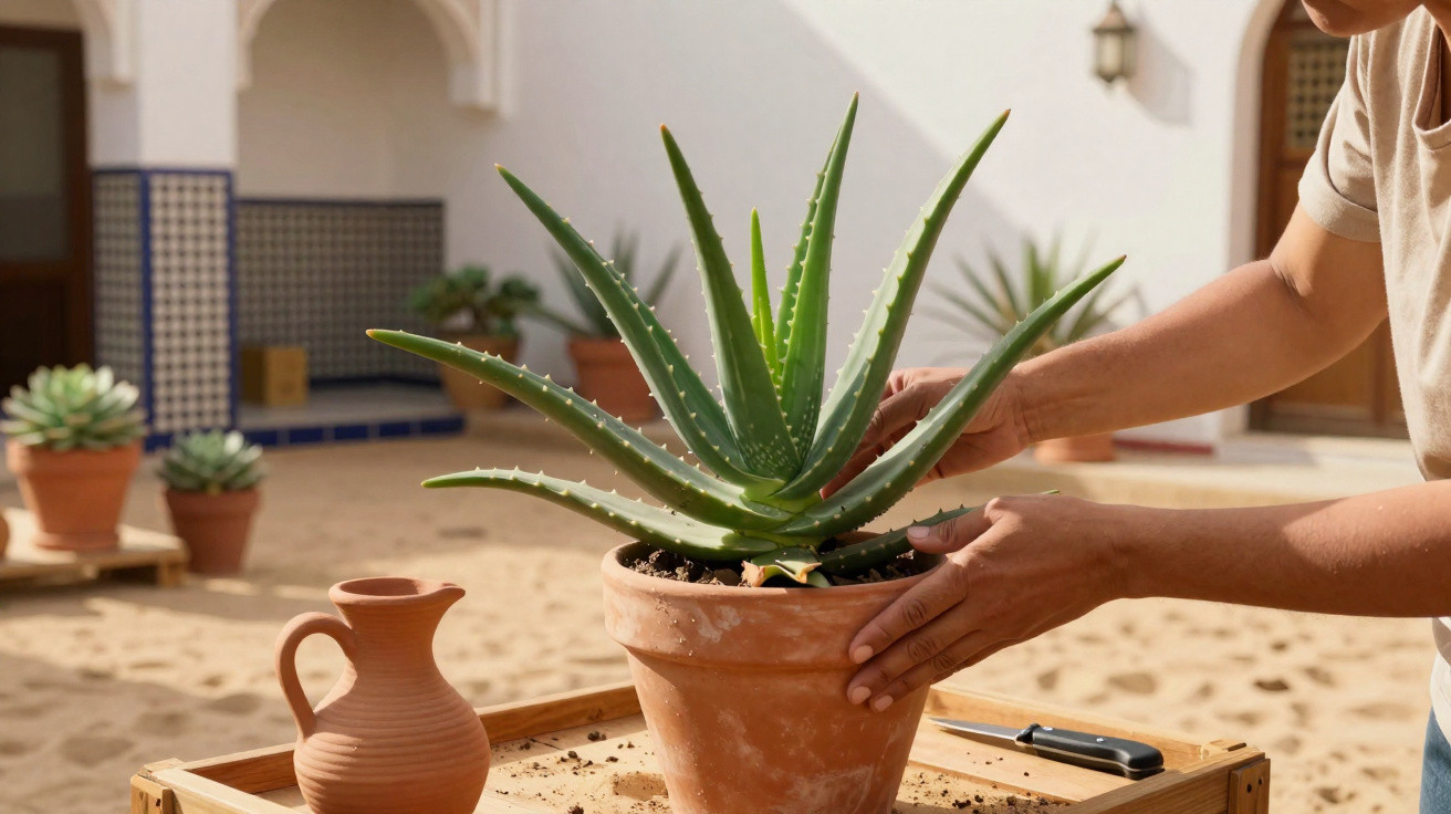 Pessoa cuidando de planta suculenta em vaso de barro em ambiente externo com jarra e ferramentas.