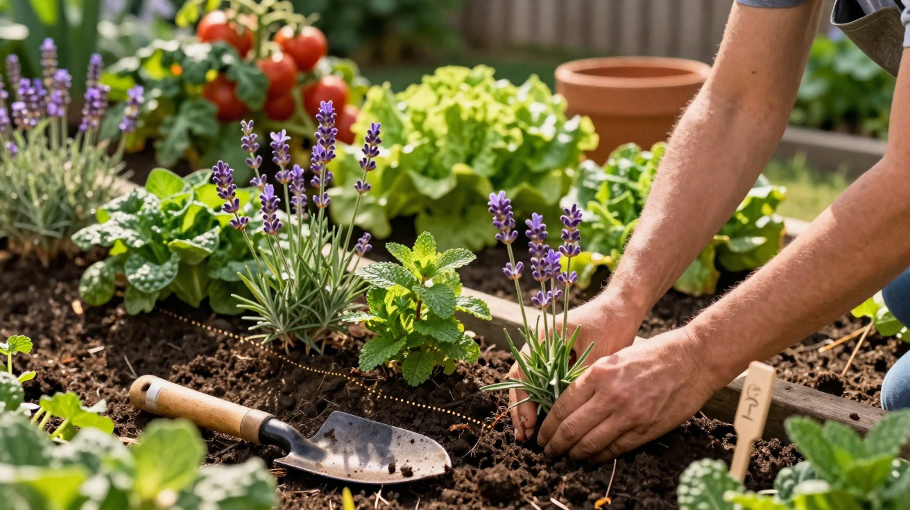 Pessoa plantando lavanda em canteiro de jardim com terra, pá e outras plantas ao redor.