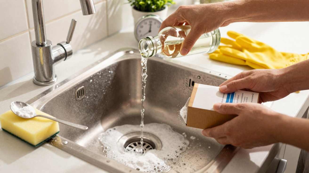 Pessoa adicionando produto de limpeza em pó na pia de cozinha de aço inox com água corrente.