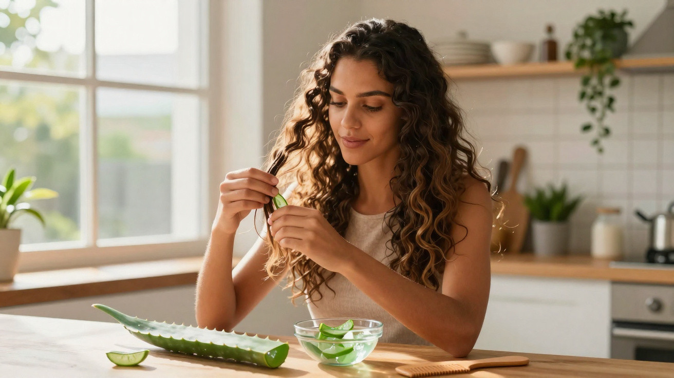 Mulher sorrindo preparando fatias de babosa em uma tigela na cozinha iluminada pelo sol.