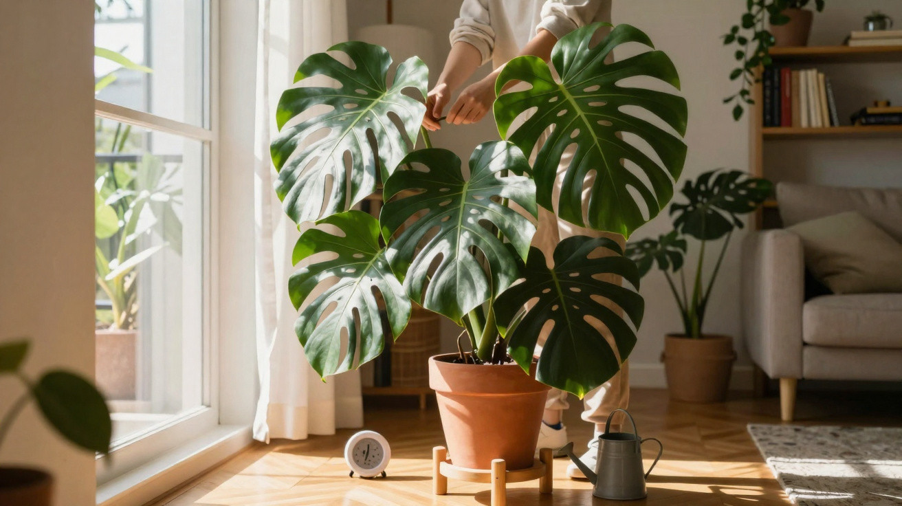 Pessoa cuidando de planta Monstera em vaso com regador perto de janela em sala iluminada pelo sol.