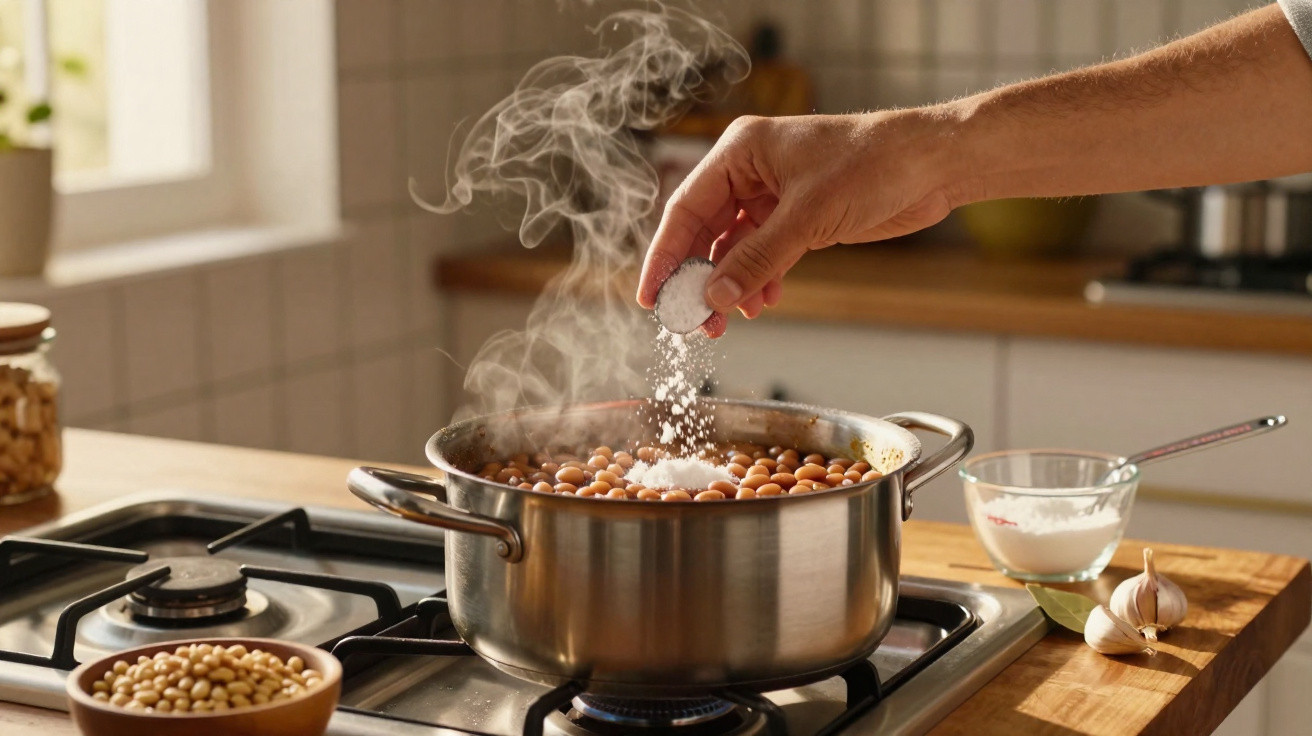 Mão salpicando sal em panela com feijão cozinhando e vapor sobre fogão em cozinha iluminada.