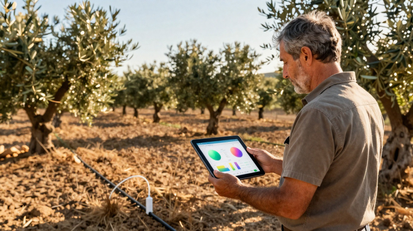 Homem usando tablet para monitorar dados em pomar de oliveiras sob luz do sol.